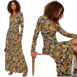 Tanya Taylor Ciara Maxi Dress Floral Print Long Sleeve V Neck Ruched Womens S